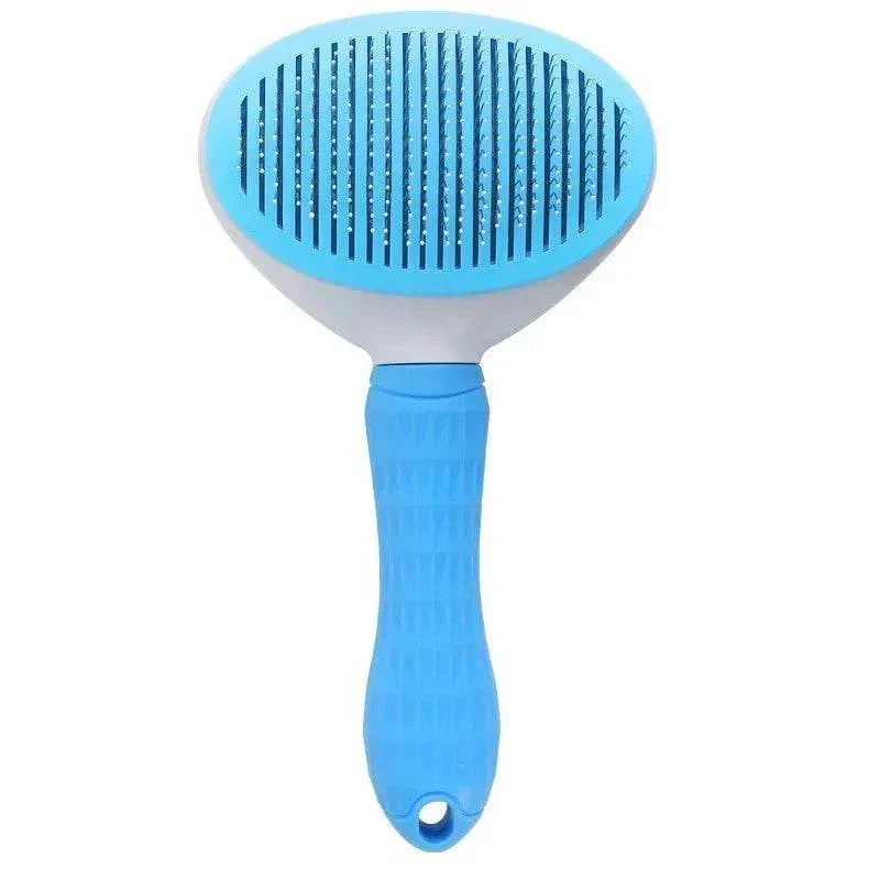 Self cleaning pet grooming tool in stainless steel for cats and dogs with easy fur removal feature