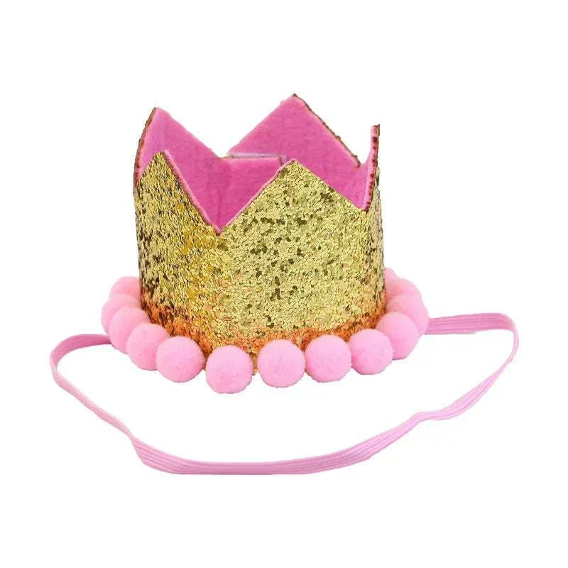 Gold and pink pet birthday hat with pom-pom trim for dog birthday costume