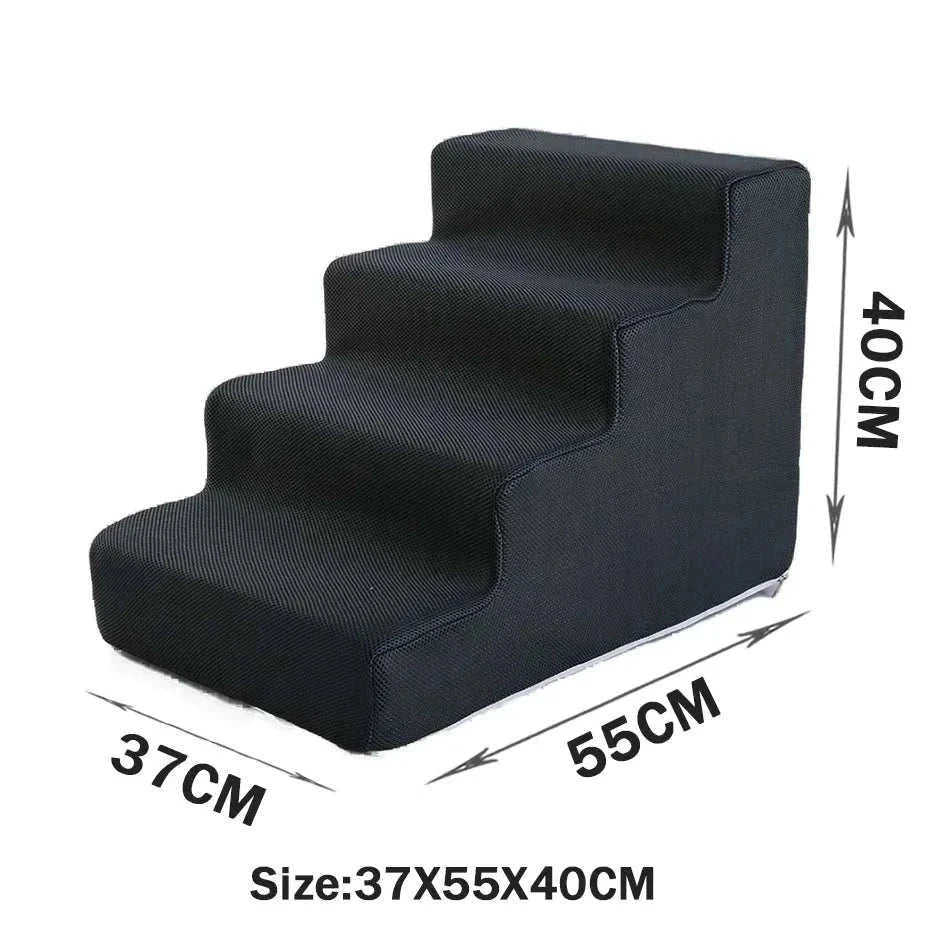 Black four-step pet stairs with anti-slip washable cover, size 37x55x40cm for dogs and cats