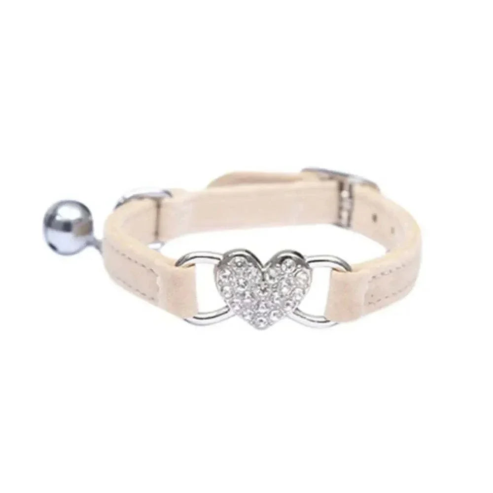 Pretty Kitty's adjustable cat collar with sparkling diamond heart bell in beige color