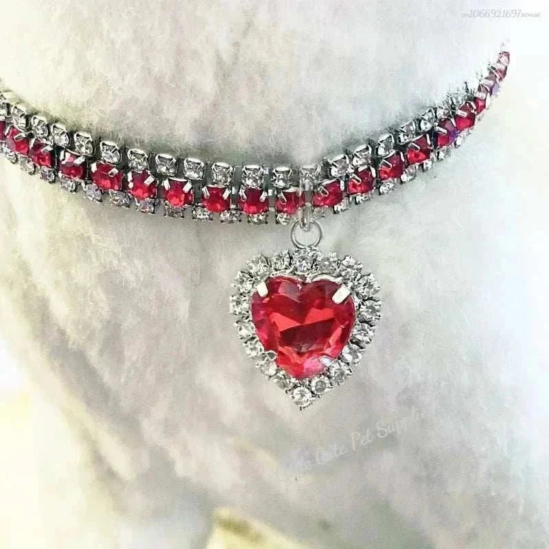 Pretty Kitty's red heart pendant diamante collar necklace for cats with silver plating