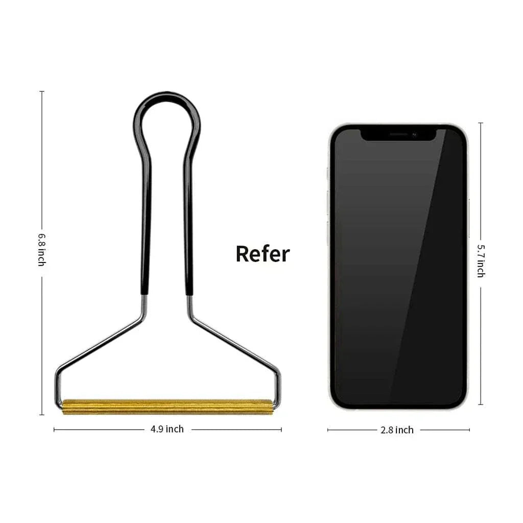 Pet hair remover cleaning tool with metal blade for removing pet hair, lint, and pills from fabrics, next to a smartphone for size reference.