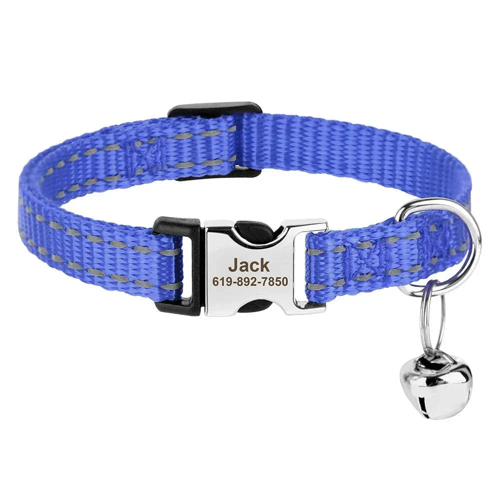 Personalised adjustable blue nylon cat collar with custom engraved nameplate and safety bell