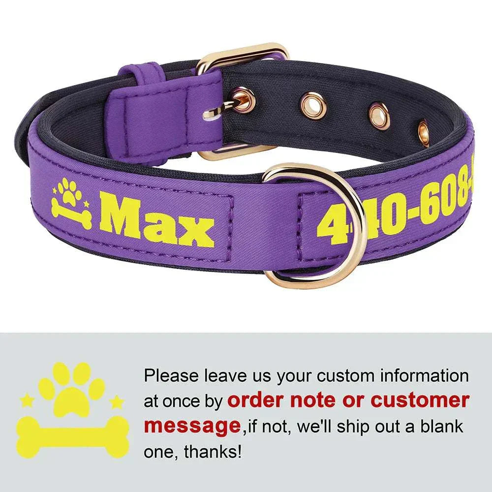 Purple soft padded PU leather dog collar with custom yellow engraving for medium and large dogs