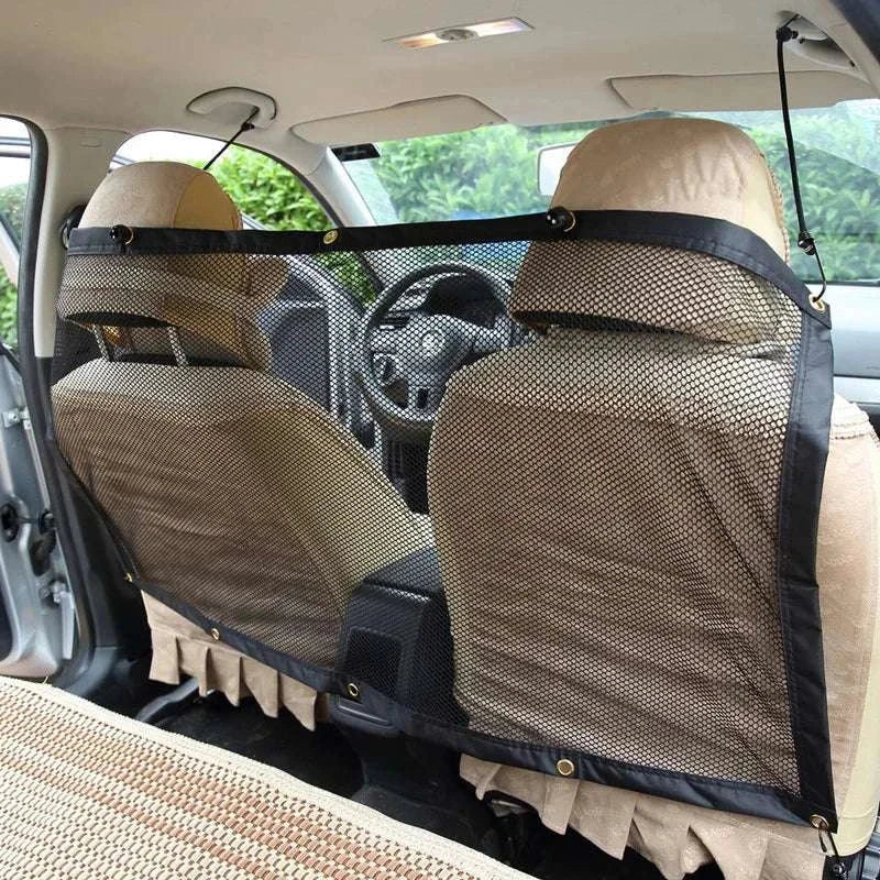 Durable pet back seat mesh barrier installed between front seats for pet safety and car protection