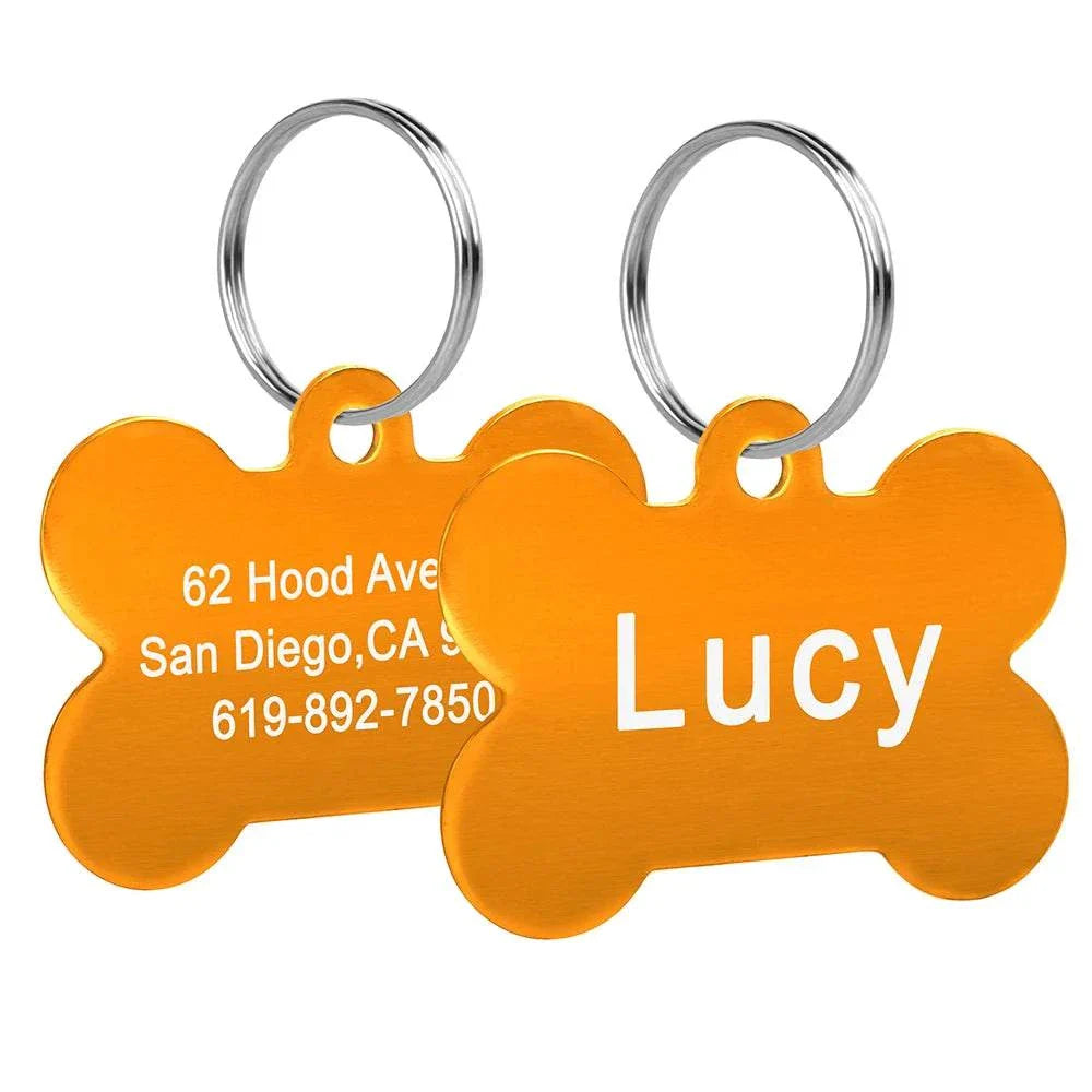 Bone-shaped pet ID tag with personalized engraving for dogs and cats.