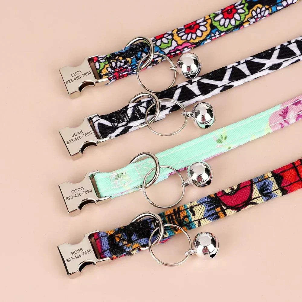 Personalised adjustable cat collars with custom engraved nameplates and safety bells in colorful patterns