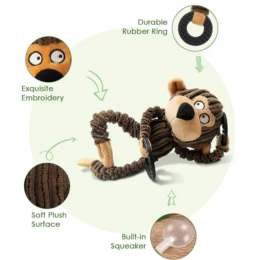 Squeaky Puppy Plush chew toy for teething puppies with soft plush, durable rubber ring, built-in squeaker, and embroidery.