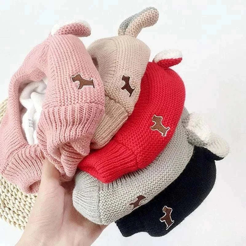Anxiety relief ear protection knitted hat for dogs in multiple colors with soft fabric and noise-cancelling design.