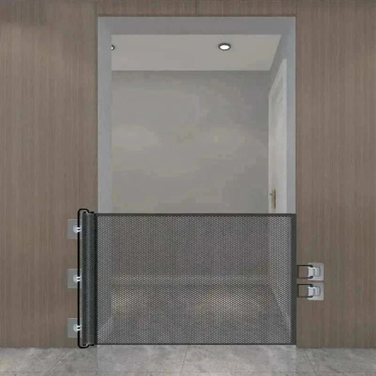 Automatic retractable pet gate fence installed in doorway for indoor dogs and cats safety