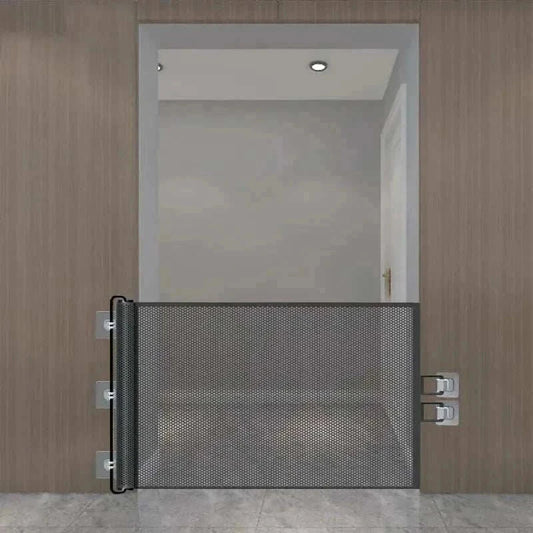 Automatic retractable pet gate fence installed in doorway for indoor dogs and cats safety