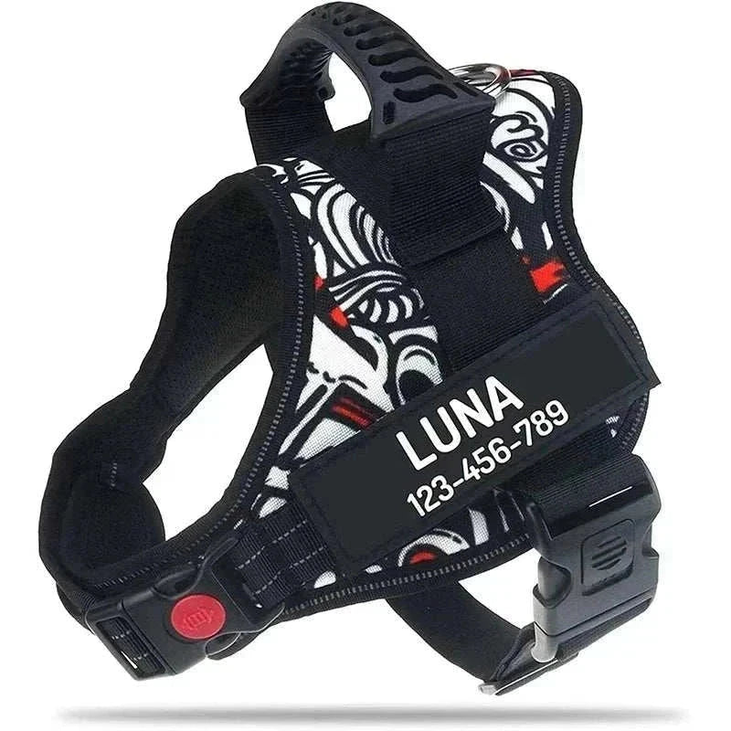 Personalised no-pull reflective dog harness with stylish black and white pattern and custom name patch "Luna"