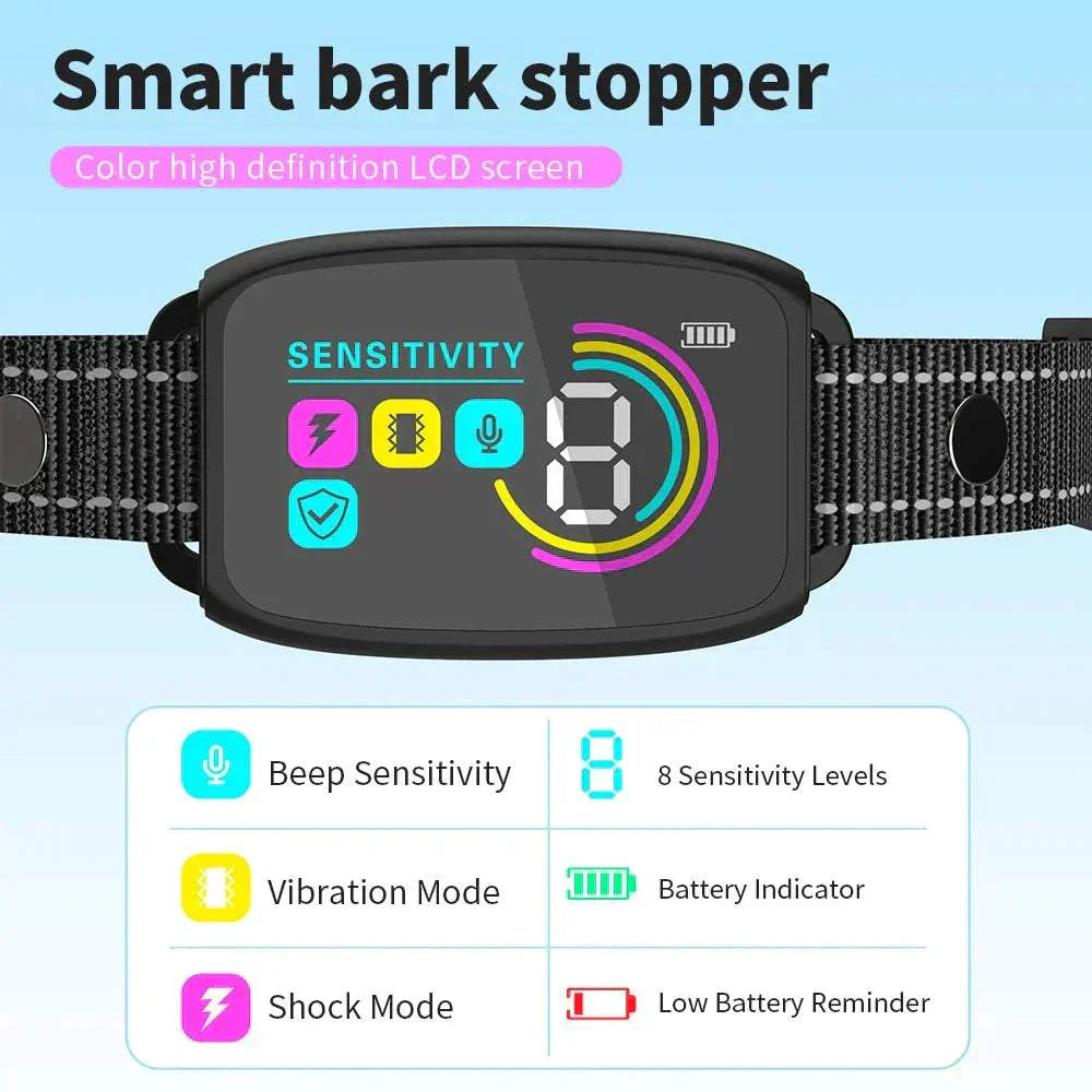 Automatic anti-bark dog collar with adjustable sensitivity, vibration and shock modes, rechargeable battery, and LCD display