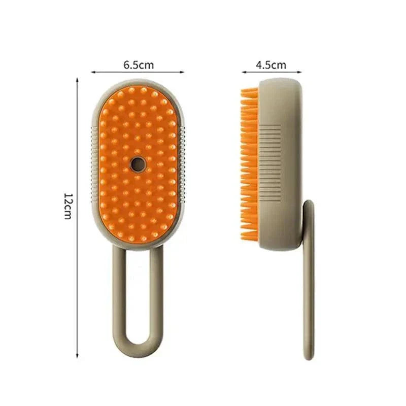 Steam Pet Brush grooming tool with soft orange bristles and ergonomic handle for dogs and cats.