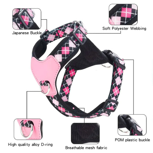 Dog harness with pink and black printed ribbon, adjustable straps, breathable mesh fabric, and sturdy buckles for small to medium dogs
