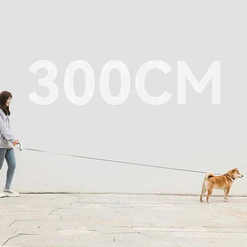 woman walking dog with 3m luminous auto retractable dog leash outdoors