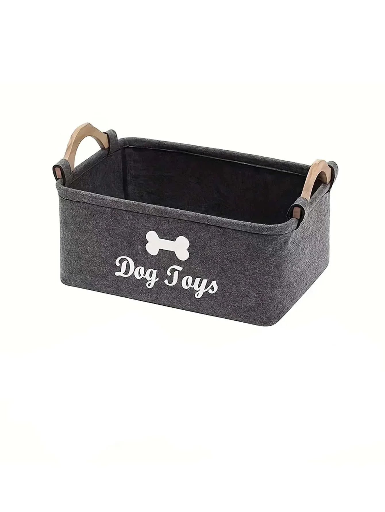 Gray felt pet toy storage basket with wooden handles and "Dog Toys" text for organizing dog and cat toys.