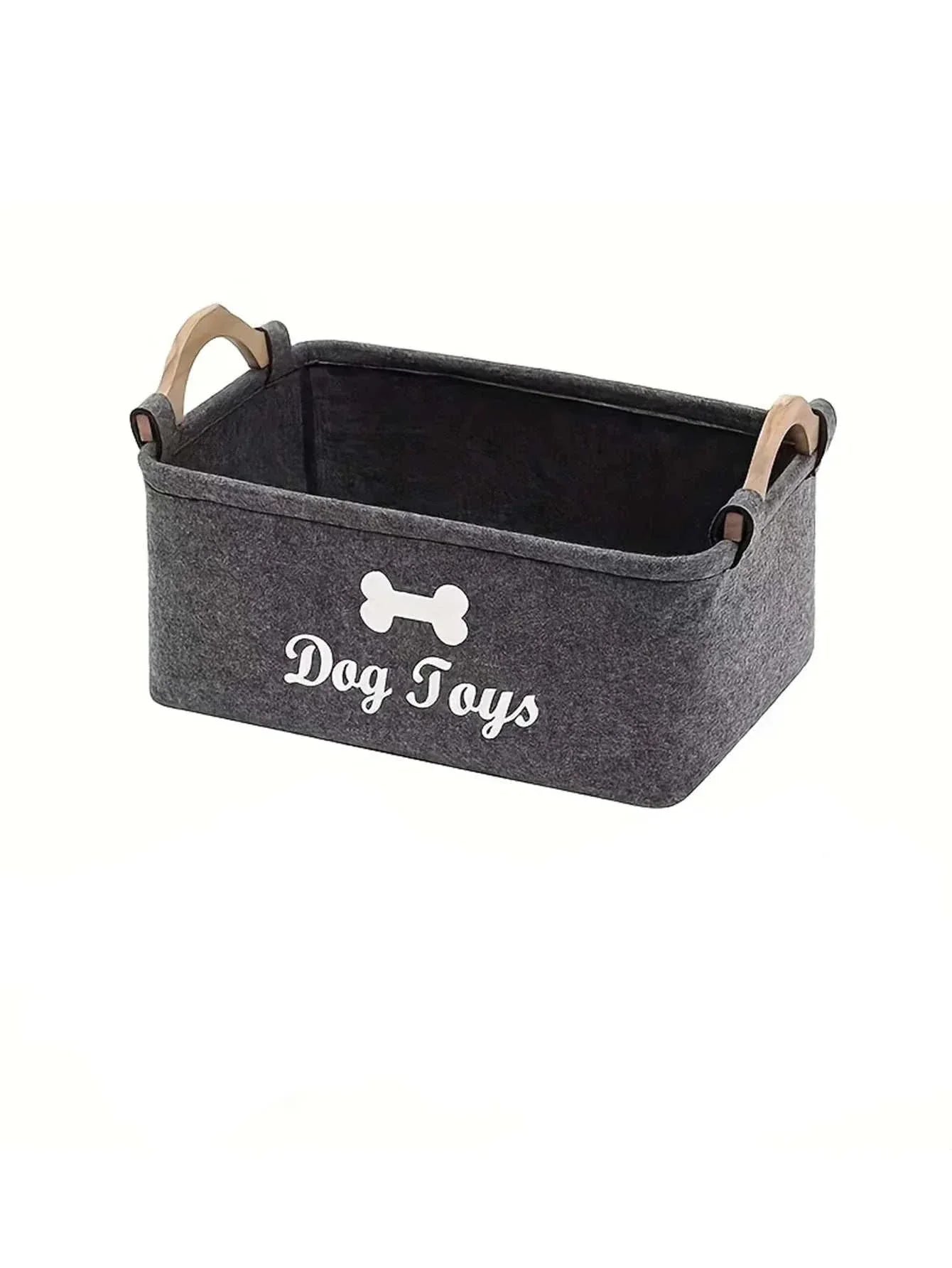 Gray felt pet toy storage basket with wooden handles and "Dog Toys" text