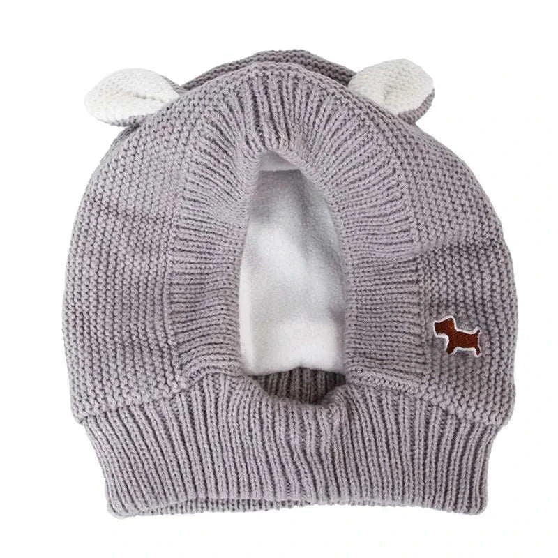 Gray knitted anxiety relief ear protection hat for medium to large dogs with ear coverage and soft lining