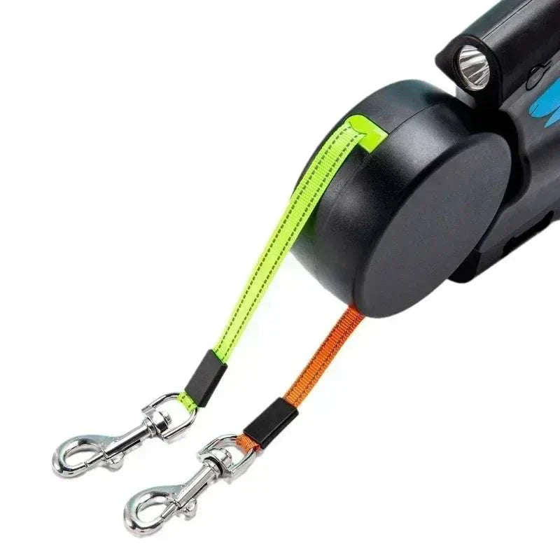 3m rotating retractable dog leash with dual color-coded leads, flashlight, and poop bag box for walking two dogs up to 25kg