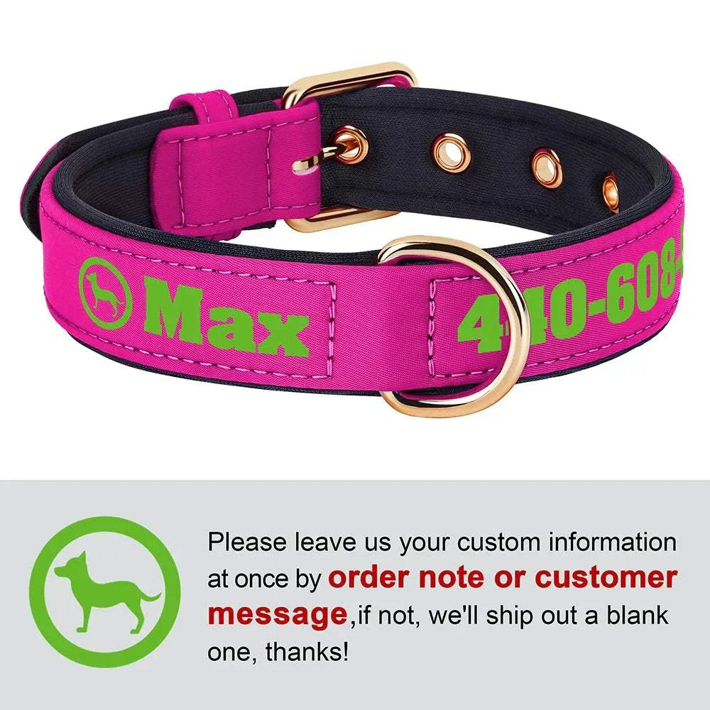 Customised soft padded PU leather dog collar in pink with green engraving of name and phone number for medium to large dogs