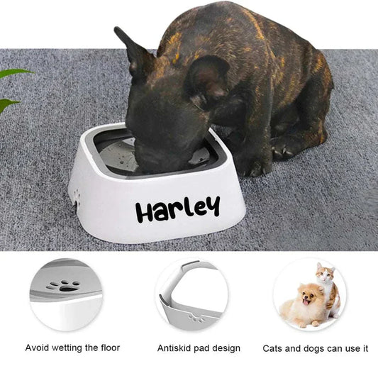 Personalised dog drinking water bowl with no spill floating design for cats and dogs, 1.5L capacity, featuring antiskid pad and mess-free hydration.
