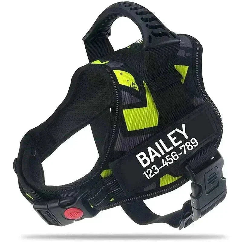 Personalised No-Pull Reflective Dog Harness in black with yellow pattern and custom name ID patch