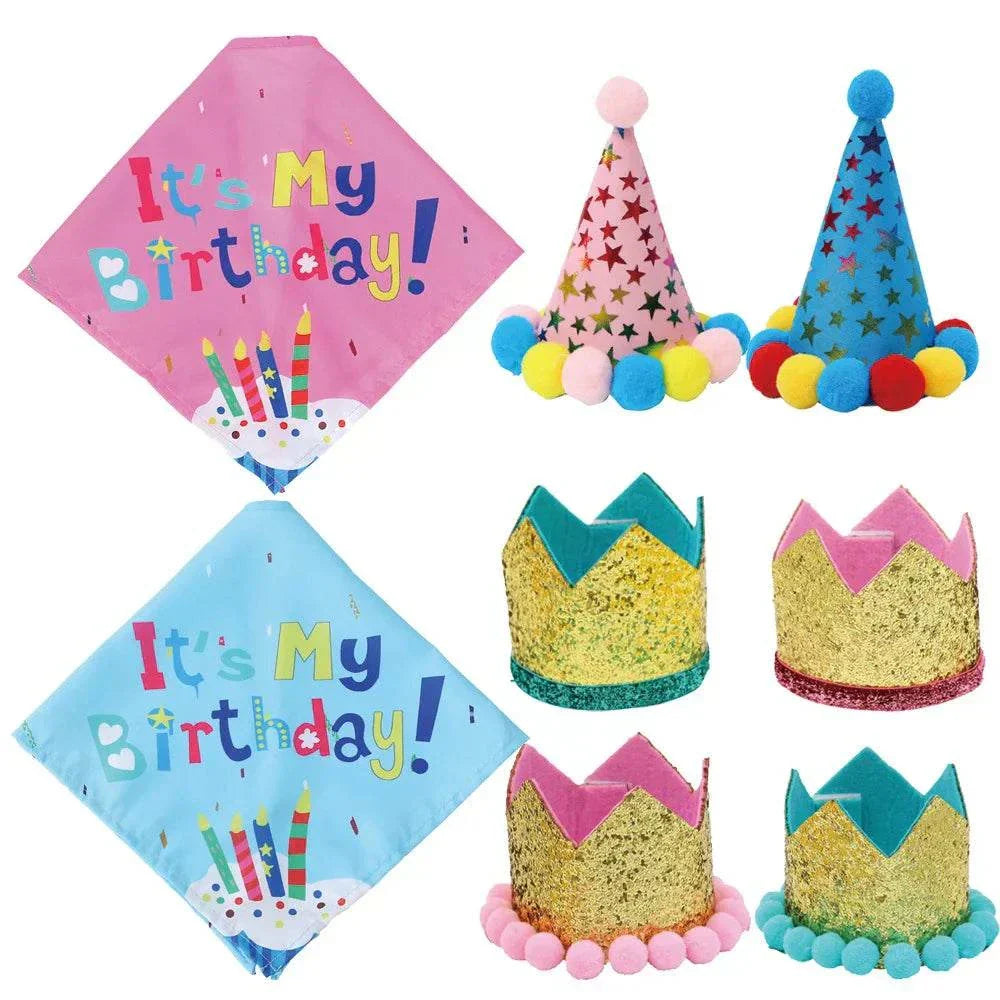 Dog birthday costume set with colorful party hats and "It's My Birthday" bandannas for pets