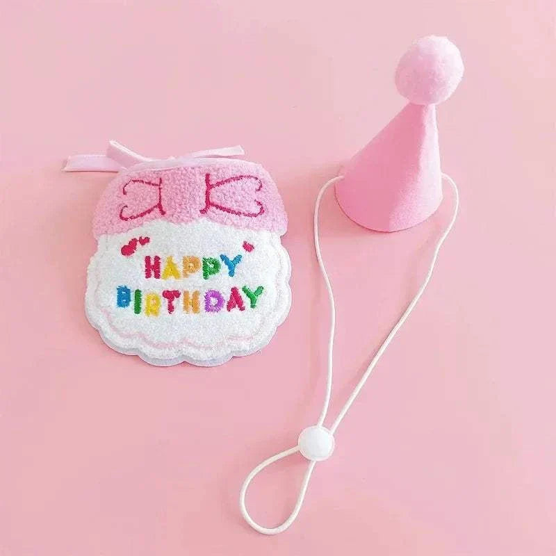 Pink dog cat puppy birthday hat and bandana set with "Happy Birthday" embroidery