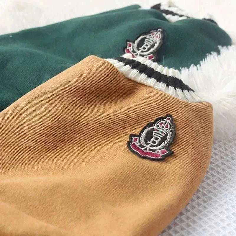 Varsity Sweater for cats and small dogs with collegiate-style patches in green and tan colors