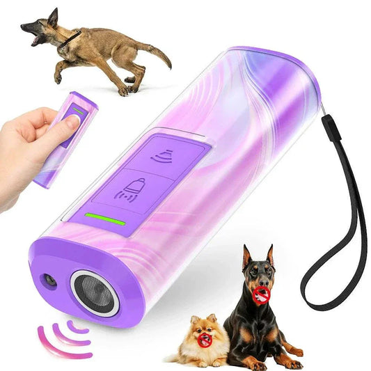 Compact rechargeable ultrasonic dog trainer and repeller device with flashlight and anti-bark protection, safe and lightweight for easy use