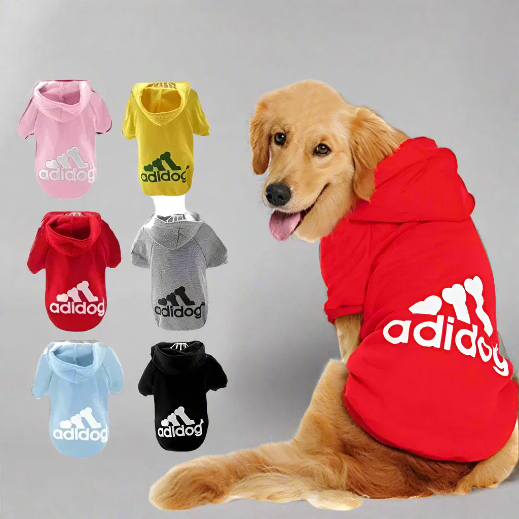 Golden retriever wearing red Adidog hoodie dog jumper with multiple color options displayed including pink, yellow, red, gray, blue, and black Adidog hoodies dog jumpers.