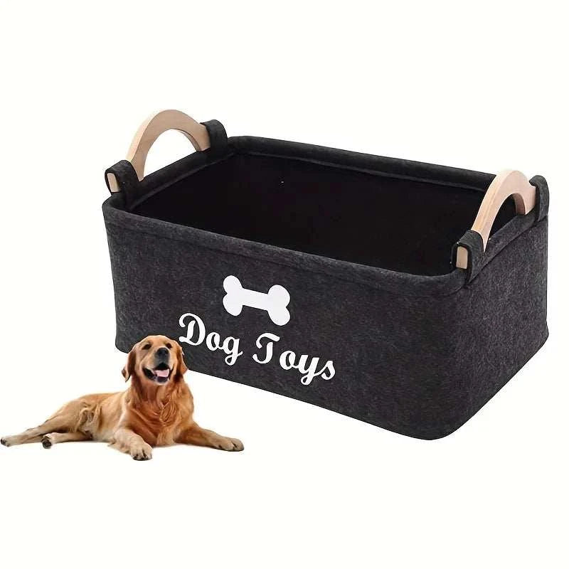 Pet Toy Storage Basket for Dogs and Cats in sleek black with dog bone design and wooden handles.