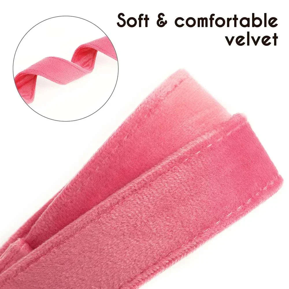 Pink personalised velvet adjustable dog collar showing soft and comfortable fabric texture