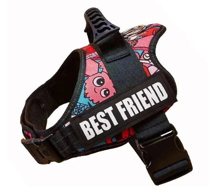 Personalised no-pull reflective dog harness with vibrant pattern and BEST FRIEND patch