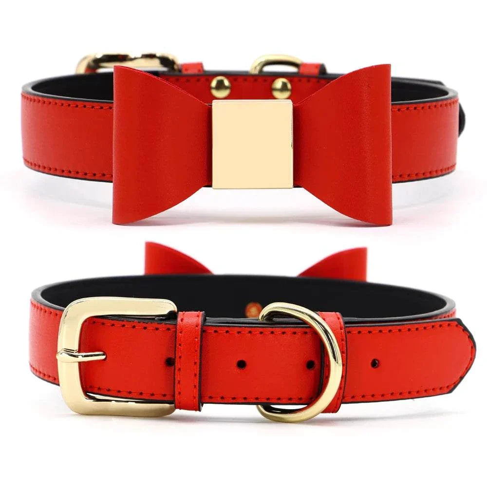 Personalised red dog collar with gold buckle and bowtie, soft PU leather for small dogs and cats