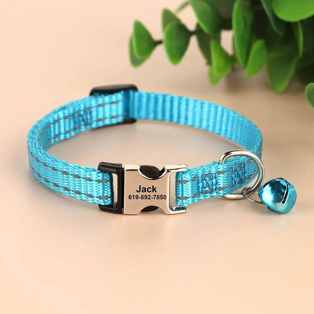 Blue personalised reflective cat collar with bell and engraved name and phone number for small pets