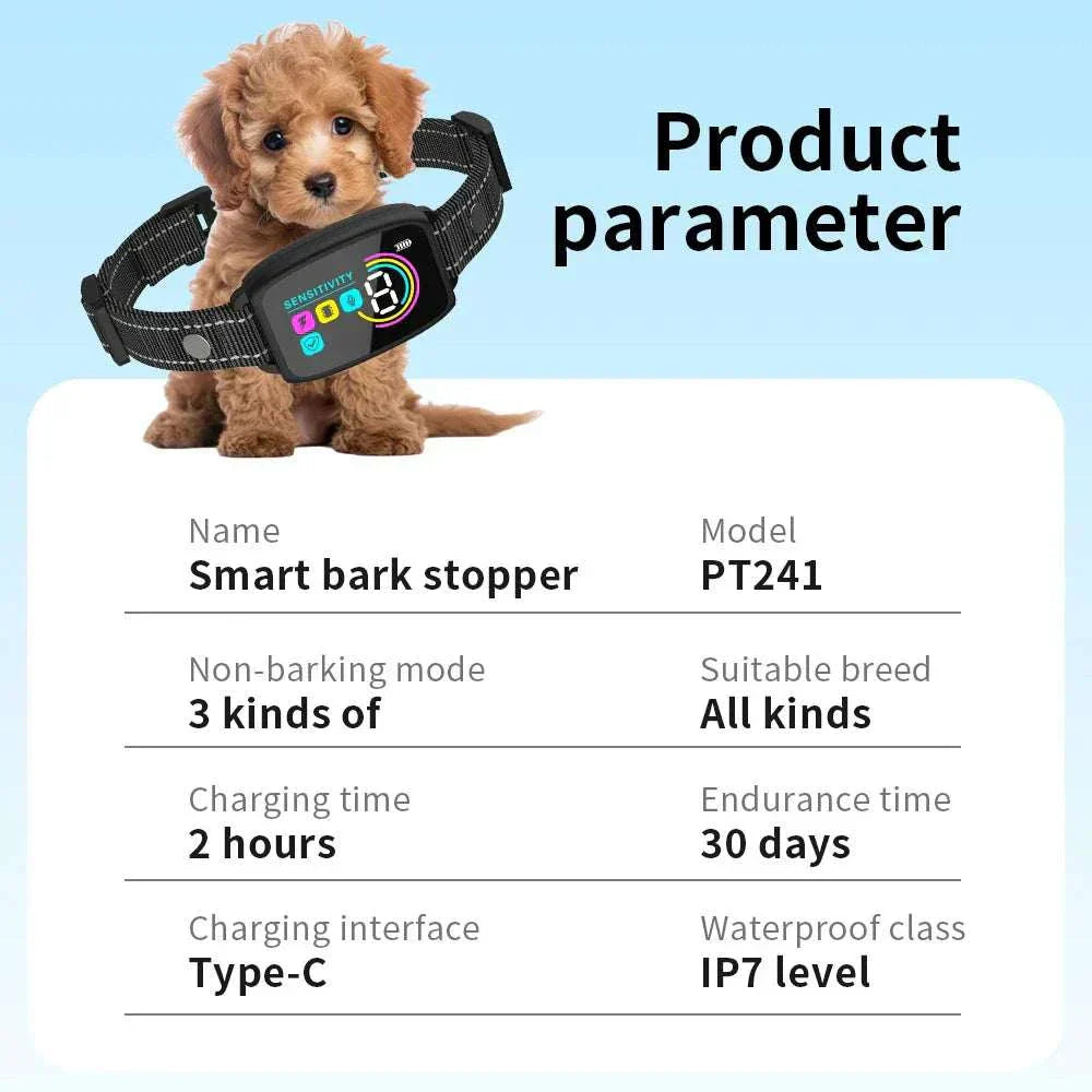 Automatic Anti-Bark Dog Collar with Type-C recharge, IP67 waterproof, adjustable sensitivity, and nylon strap on a small puppy
