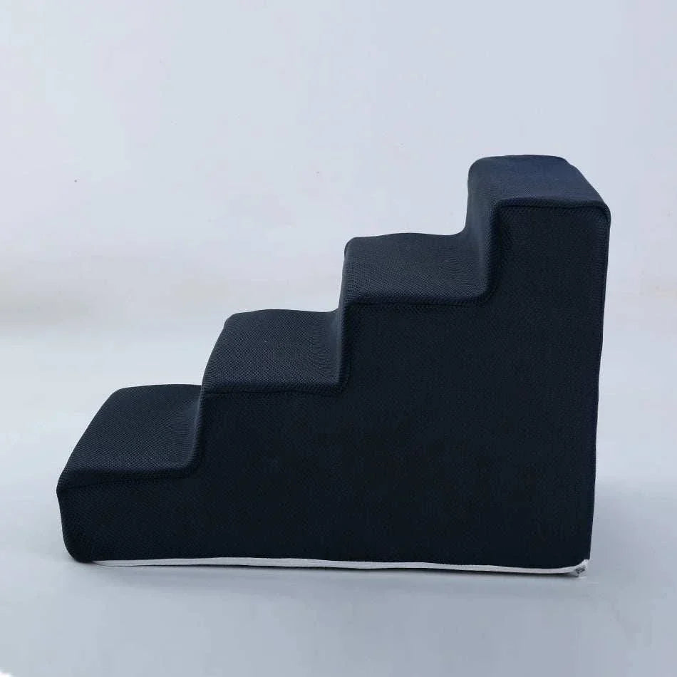 Black four-step pet stairs with anti-slip washable cover for dogs and cats