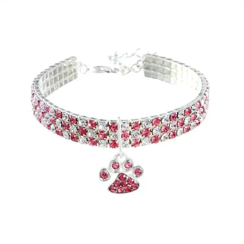 Pretty Kitty's Paw Pendant Cat Collar with pink and white diamante stones and extended silver chain for small to medium pets