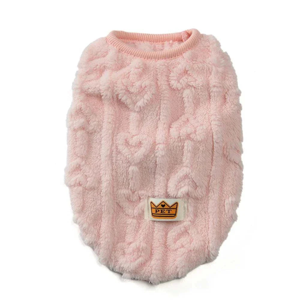 Soft cozy fleece sweatshirt for cats and small pets in pink plush fabric with heart patterns