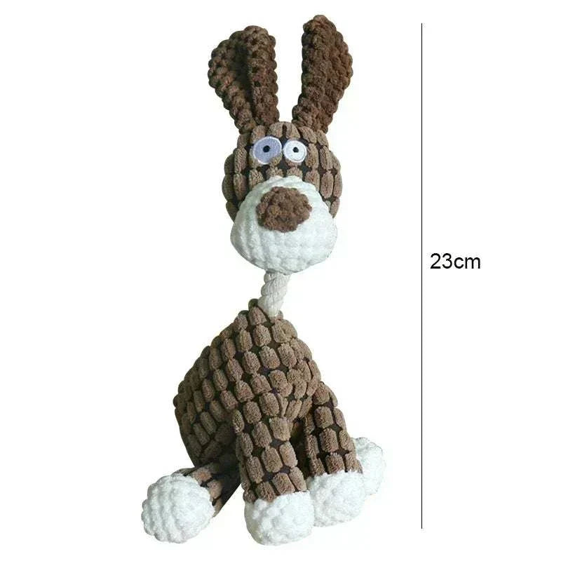Corduroy dog chew toy with squeaker in donkey shape, 23cm long, soft and durable for puppies.