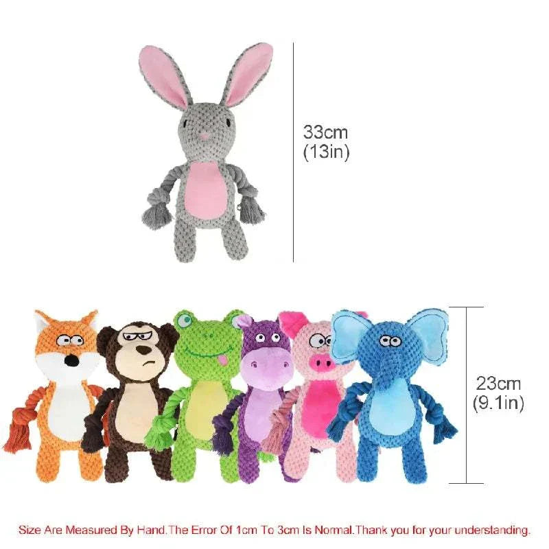 Cute Animal Rope plush dog toys in various animal shapes with squeaky knots for puppies.
