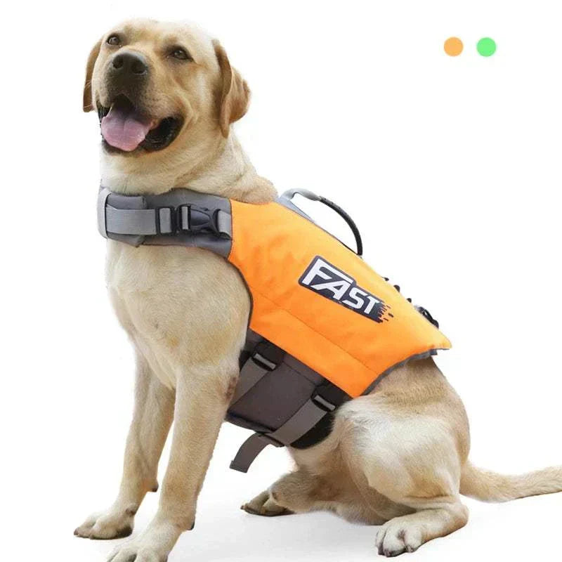 Yellow reflective swim safety vest for dogs with adjustable straps and grab handle