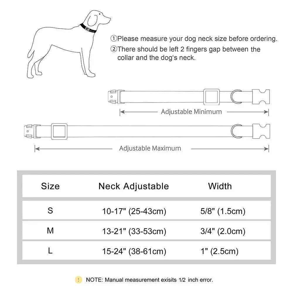 Diagram showing adjustable sizing guide for personalised velvet adjustable dog collar with measurements for small, medium, and large neck sizes.