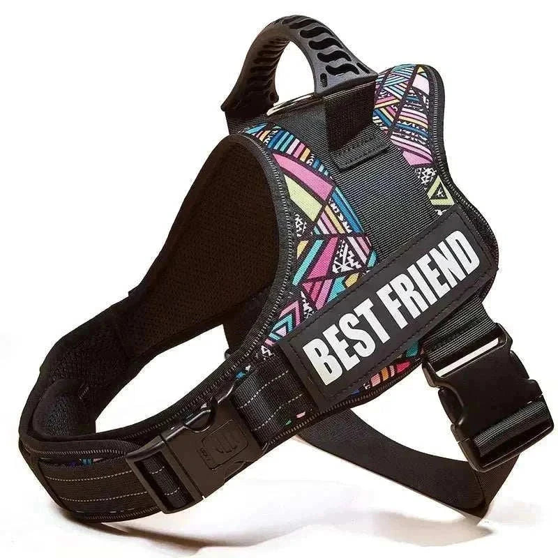 Personalised No-Pull Reflective Dog Harness vest with vibrant patterned design and adjustable straps for secure, comfortable fit