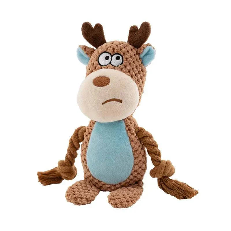 Cute animal rope plush dog toy shaped like a brown moose with knotted rope arms and squeaky feature