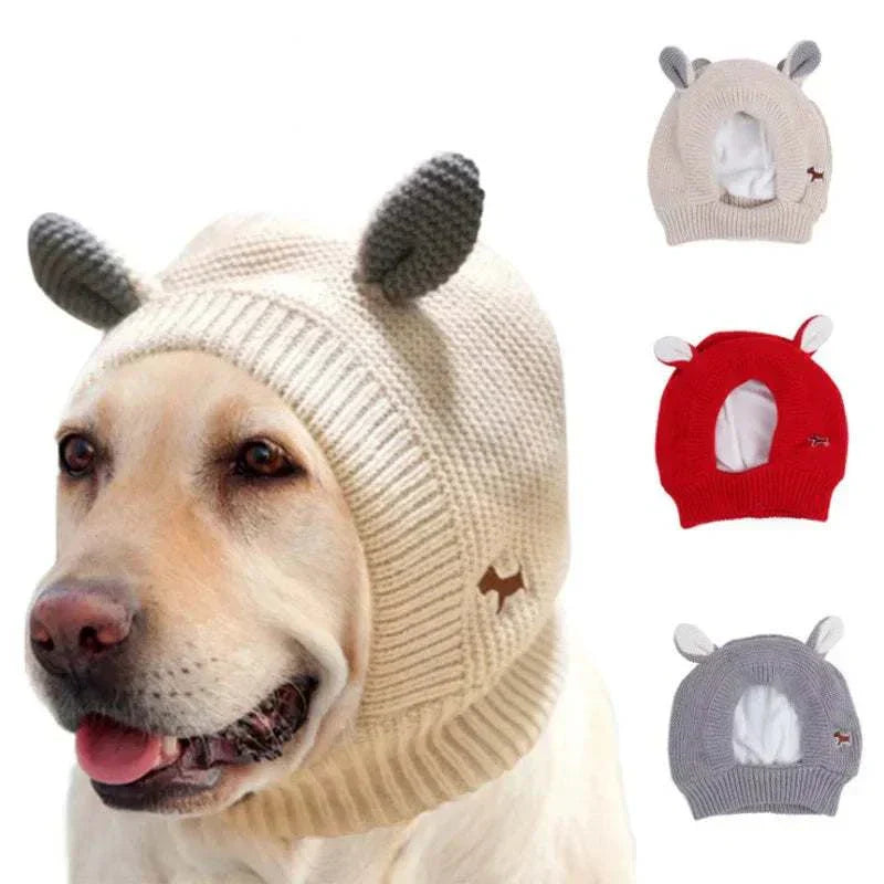 Anxiety relief ear protection knitted hat for dogs in beige, red, and gray, noise-cancelling and warm winter design for medium to large dogs