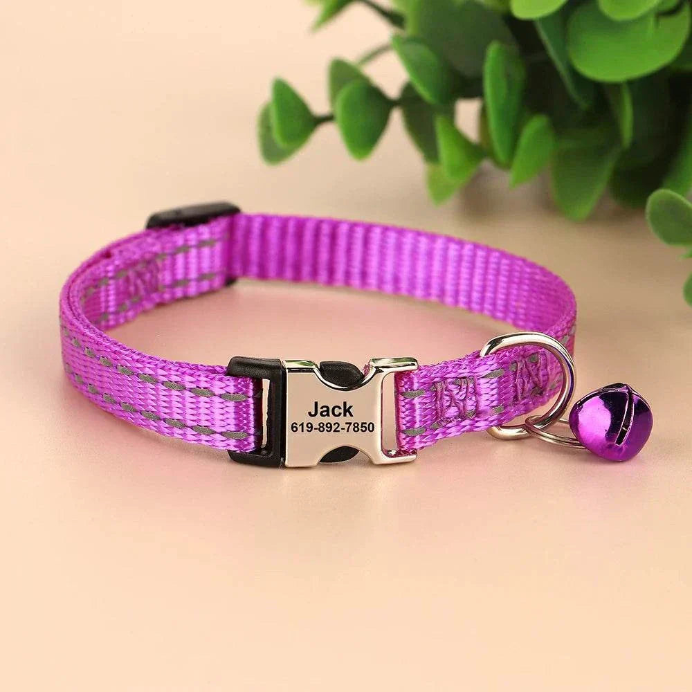 Personalised reflective purple cat collar with bell and custom engraving for small pets