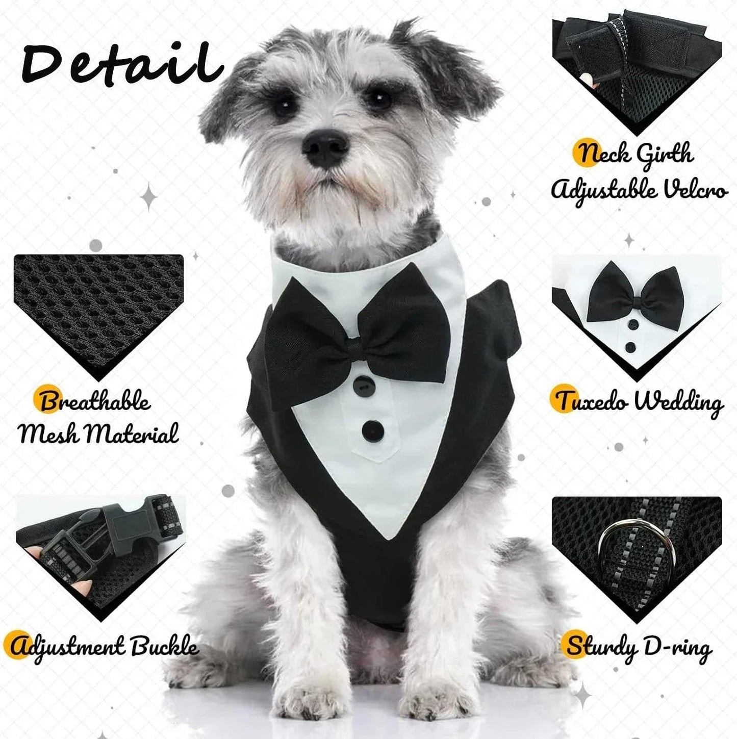 Small dog wearing black and white dog tuxedo costume harness with adjustable bow tie and breathable mesh material